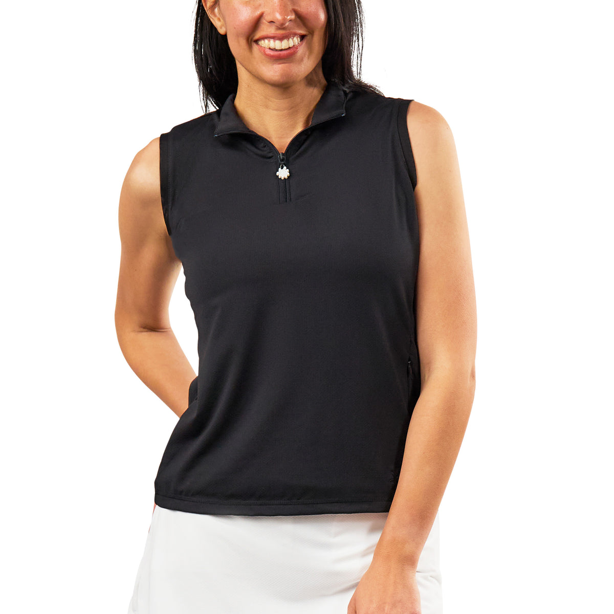 womens front zip mock neck suntank in black|black