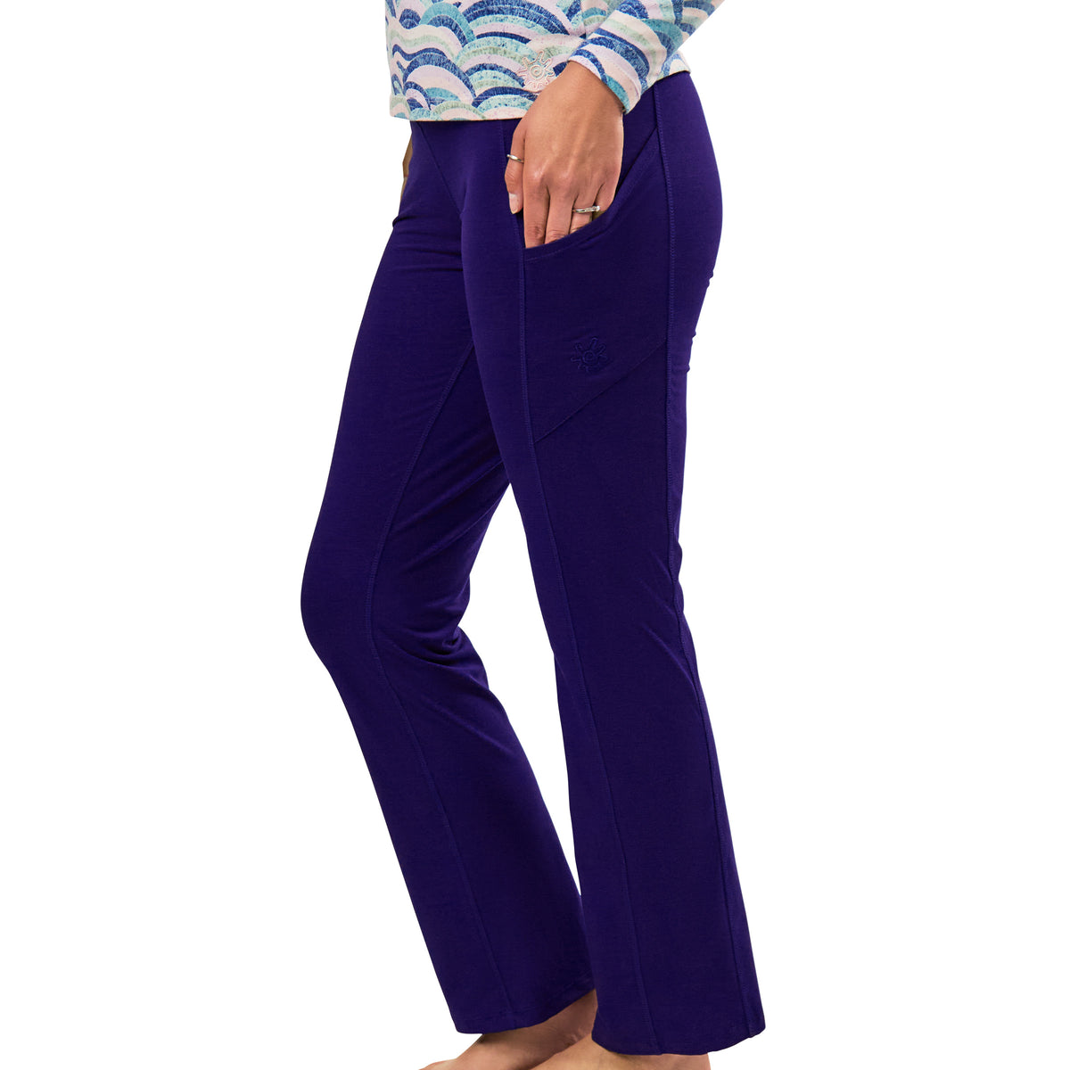 side view of womens everyday flared leggings in dark navy|dark-navy