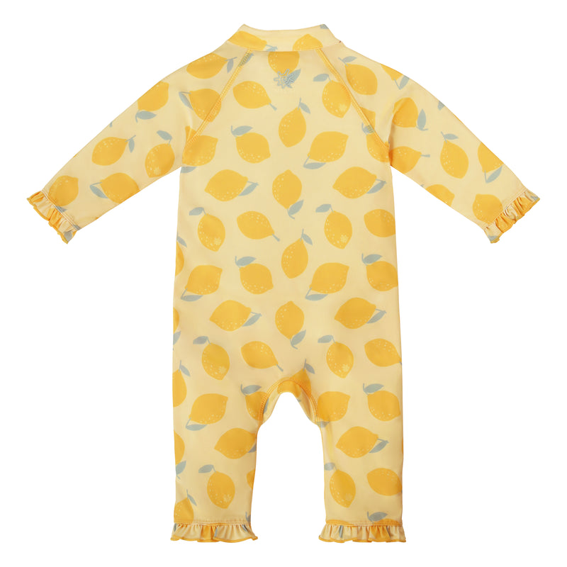 back view of baby girls one piece sun & swim suit in lemonade stand|lemonade-stand