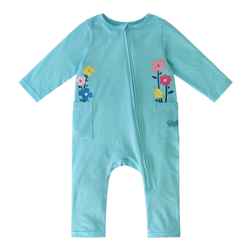 Baby girl's long sleeve everyday romper in glitter blossom|glitter-blossoms