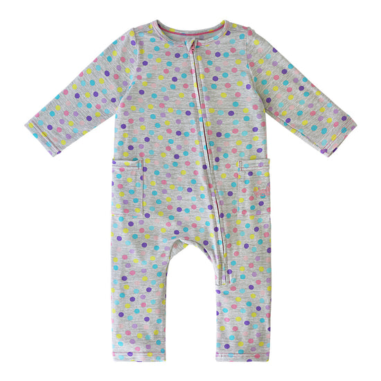 baby girl's long sleeve everyday romper in rainbow sprinkles|rainbow-sprinkles