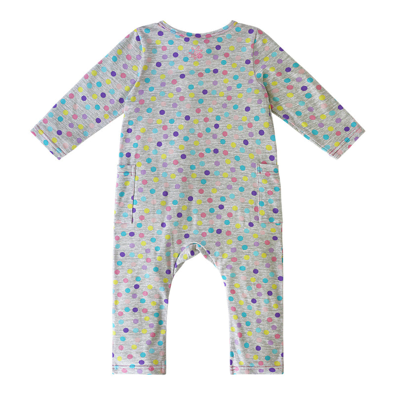 Back of Baby girl's long sleeve everyday romper in rainbow sprinkles |rainbow-sprinkles