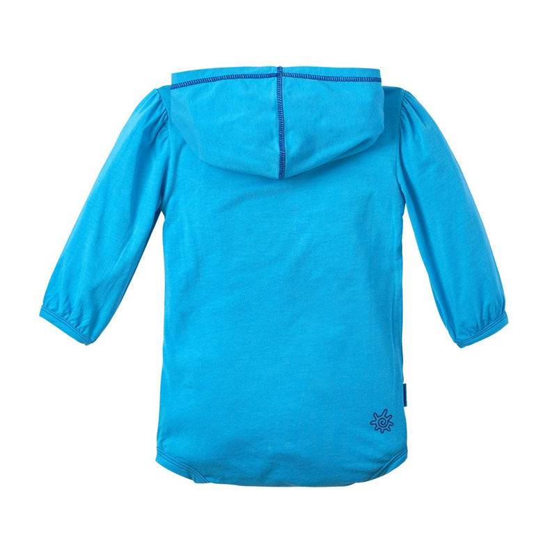 Back of the Baby Girl's Hooded Sunzie in Aqua|aqua