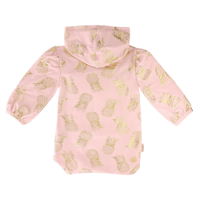 back of the baby girl's hooded onesie in golden pineapples|golden-pineapples