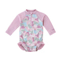 baby girl long sleeve ruffle legged swim suit in puzzle hearts|puzzle-hearts
