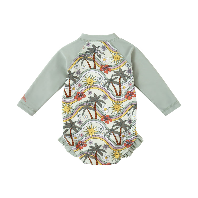 back view of baby girl long sleeve ruffle legged swim suit in retro island|retro-island