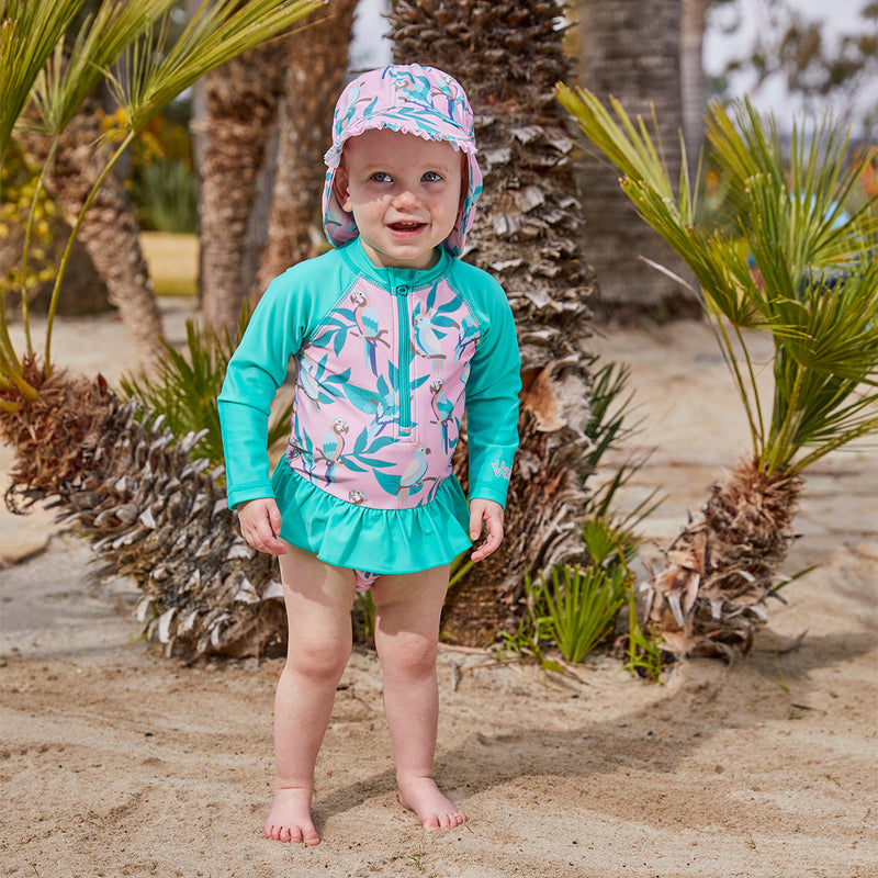 Baby Girl in the Baby Girl's Long Sleeve Ruffled Swim Suit in Birds of Paradise|birds-in-paradise