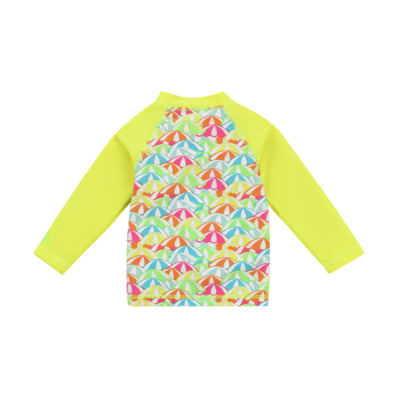 back view of baby long sleeve full zip swim rashguard in baby long sleeve full zip swim rashguard in neon umbrellas|neon-umbrellas