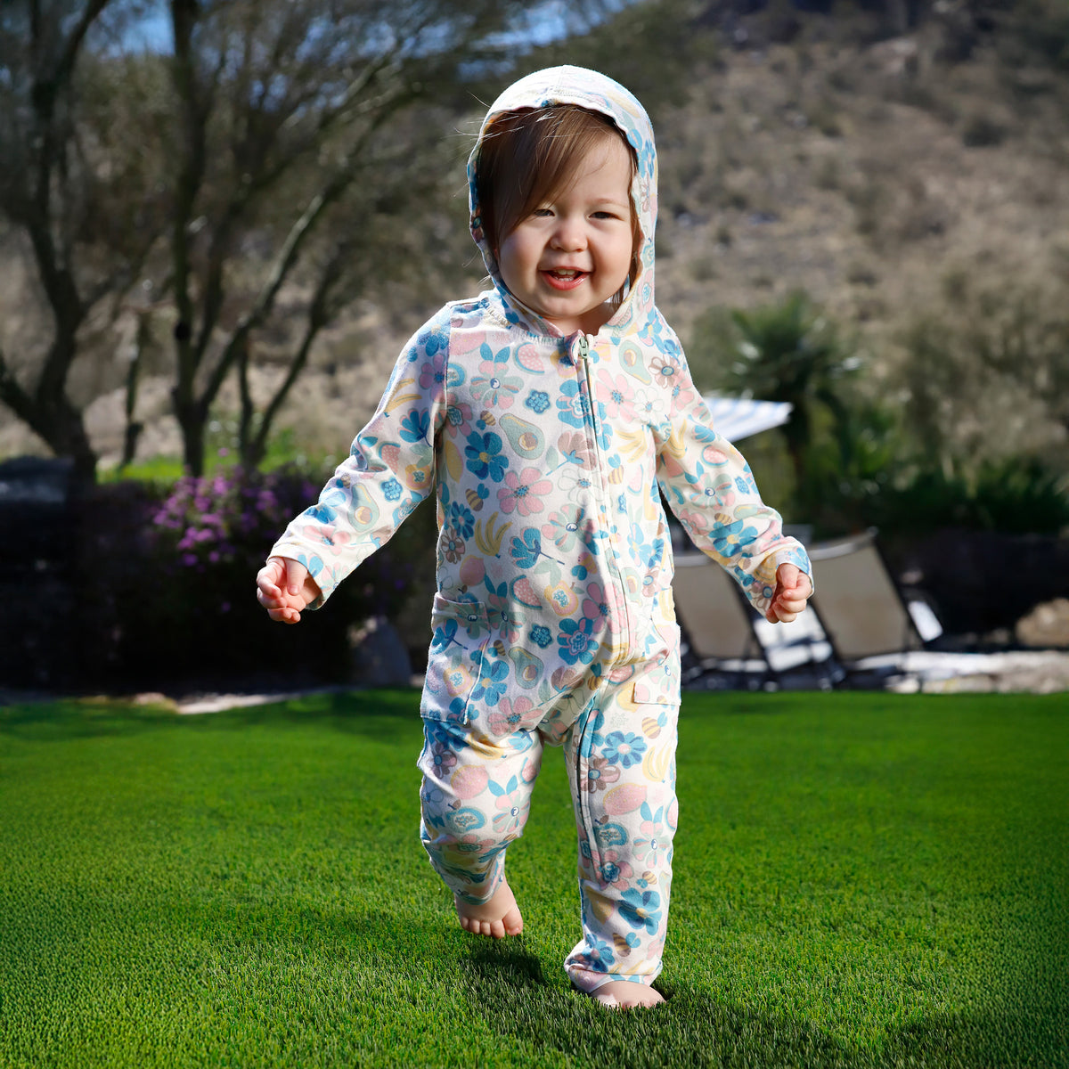 baby in everyday hooded romper|fruit-orchard