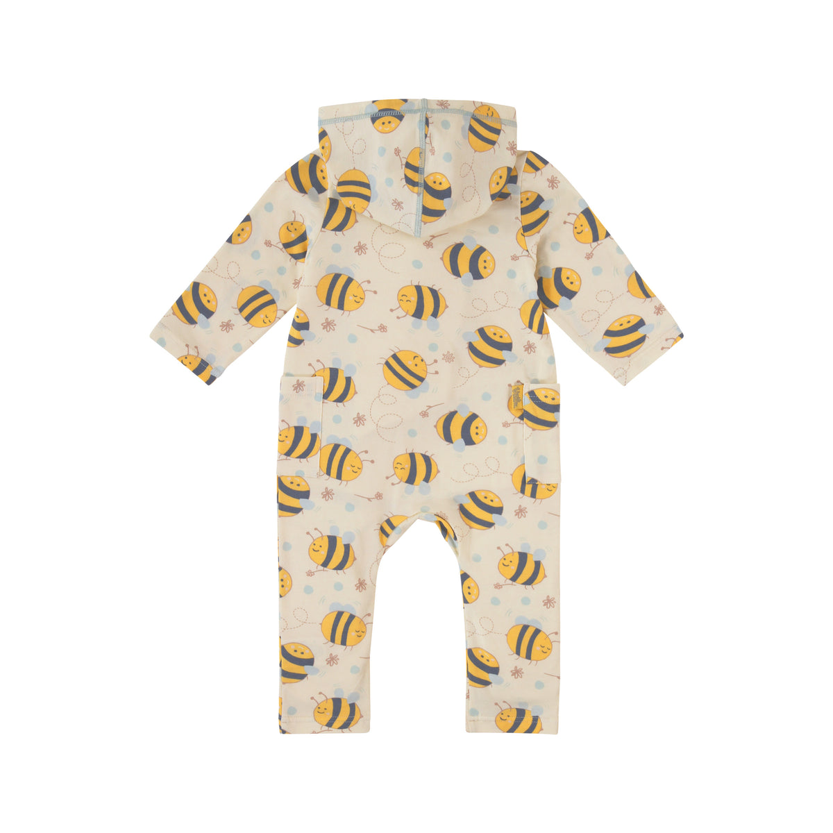 back view of baby long sleeve everyday hooded romper in happy hive|happy-hive
