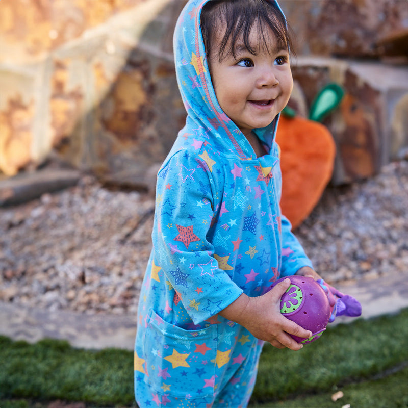 baby girl in hooded romper|scribble-stars