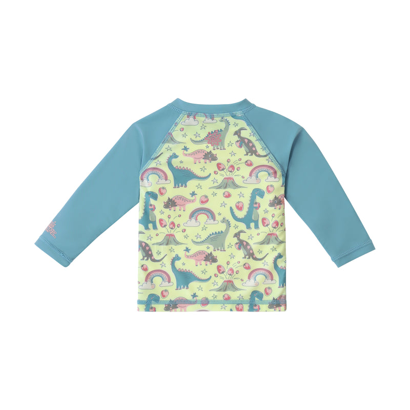 back view of baby zippy long sleeve swim shirt in dino berry|dino-berry