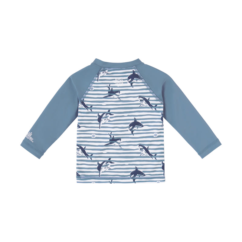 back view of baby zippy long sleeve swim shirt in shark stripe|shark-stripe