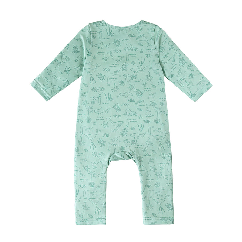 back view of baby active fleece romper in ocean friends|ocean-friends