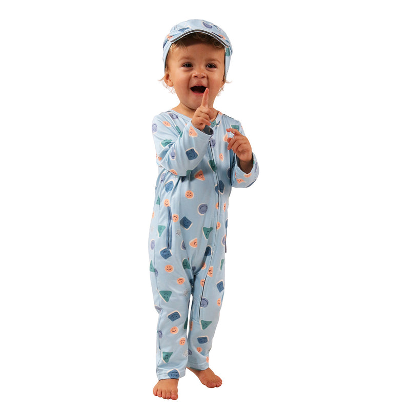 baby in active fleece romper in smiley pals|smiley-pals