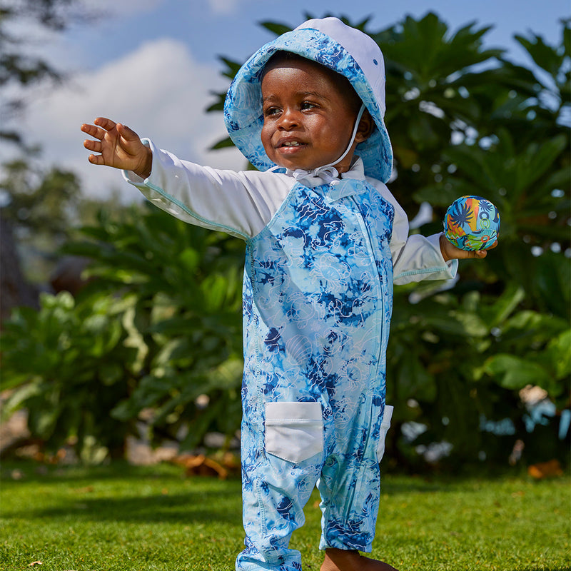 Baby boy in UV Skinz's boy's long-sleeve swimsuit in sea friends|sea-friends