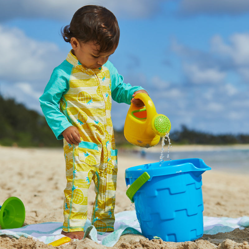 Baby boy in the baby boy's long-sleeve swimsuit in pineapple stripes|pineapple-stripes