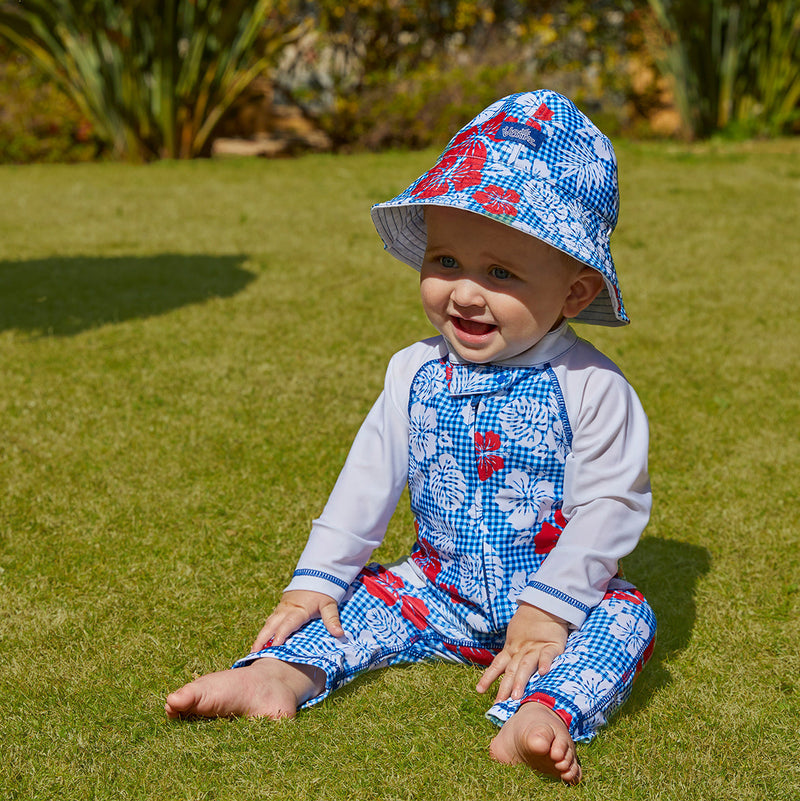 baby boy in UV Skinz's boy's long-sleeve swimsuit in red americana gingham|red-americana-gingham