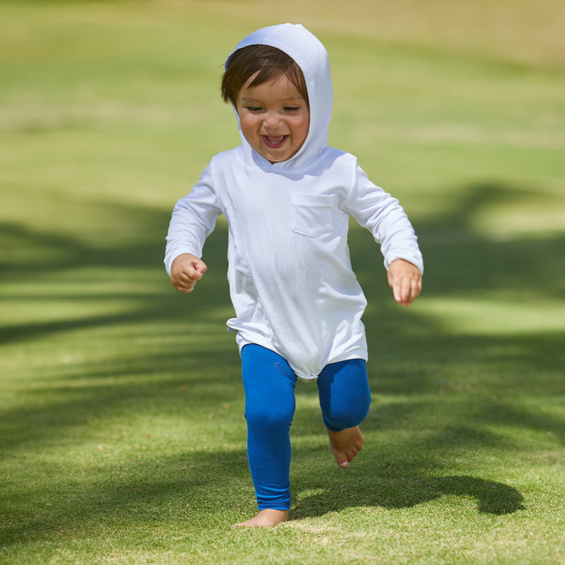 Baby Playing in UV Skinz's Baby Bamboo Sun Legz™ in Navy Blue|navy-blue