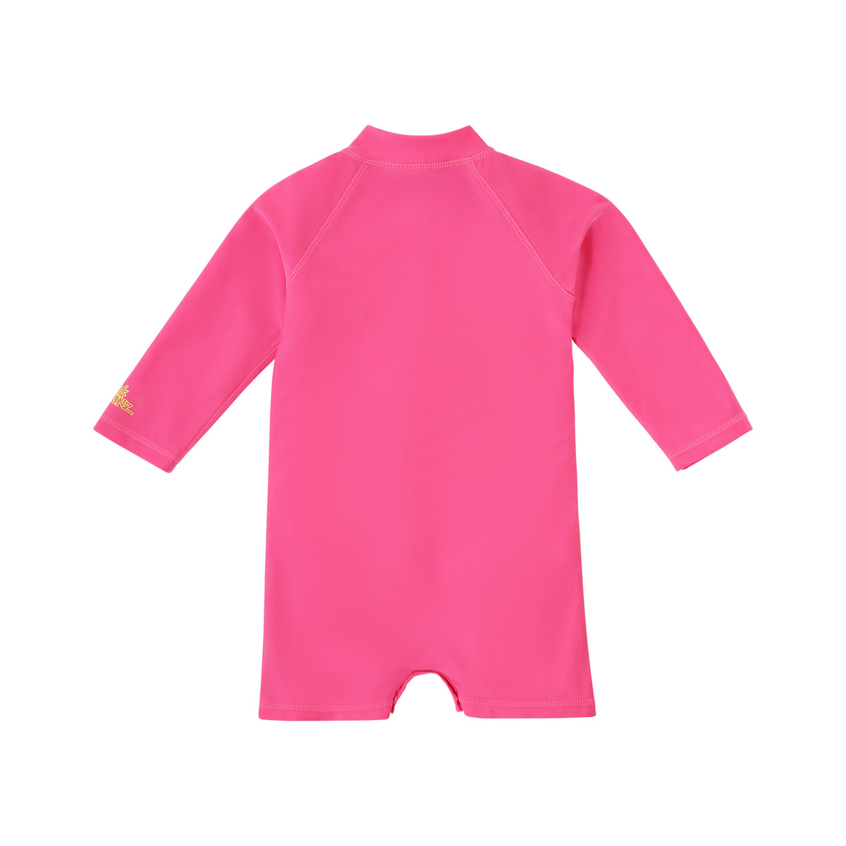 back view of baby neon magic print long sleeve swim romper in neon checkers|neon-checkers