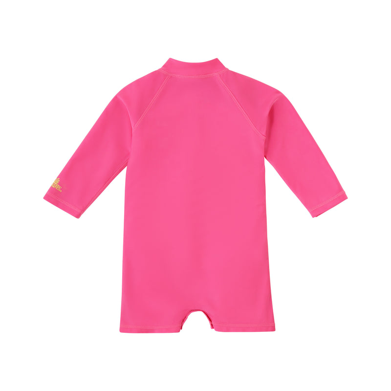 back view of baby neon magic print long sleeve swim romper in neon checkers|neon-checkers
