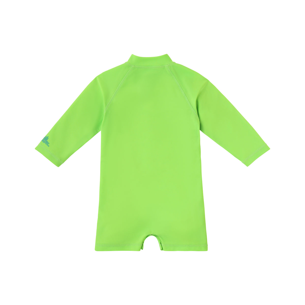 back view of baby neon magic print long sleeve swim romper in neon pups|neon-pups