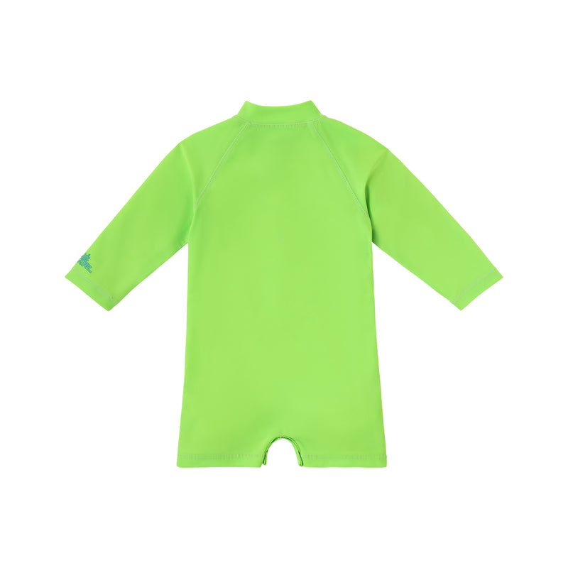 back view of baby neon magic print long sleeve swim romper in neon pups|neon-pups