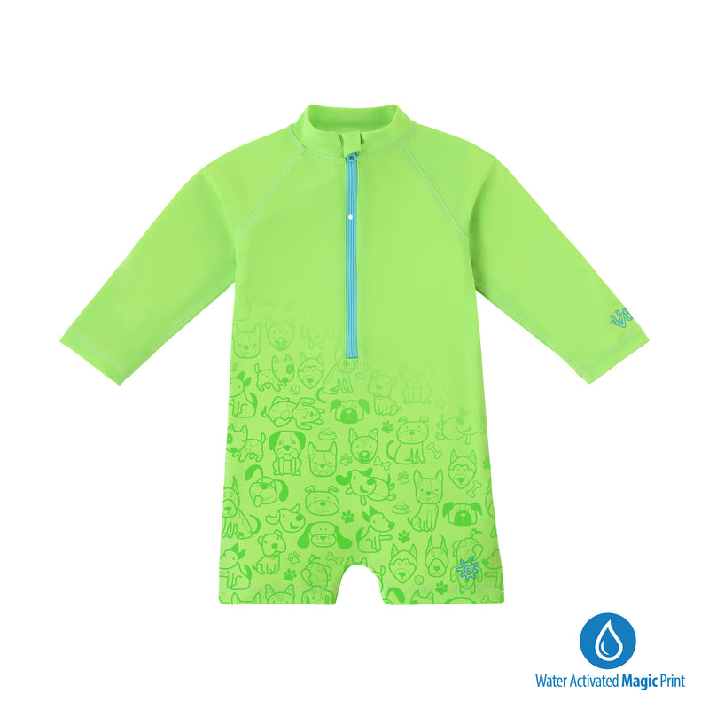 baby neon magic print long sleeve swim romper in neon pups|neon-pups