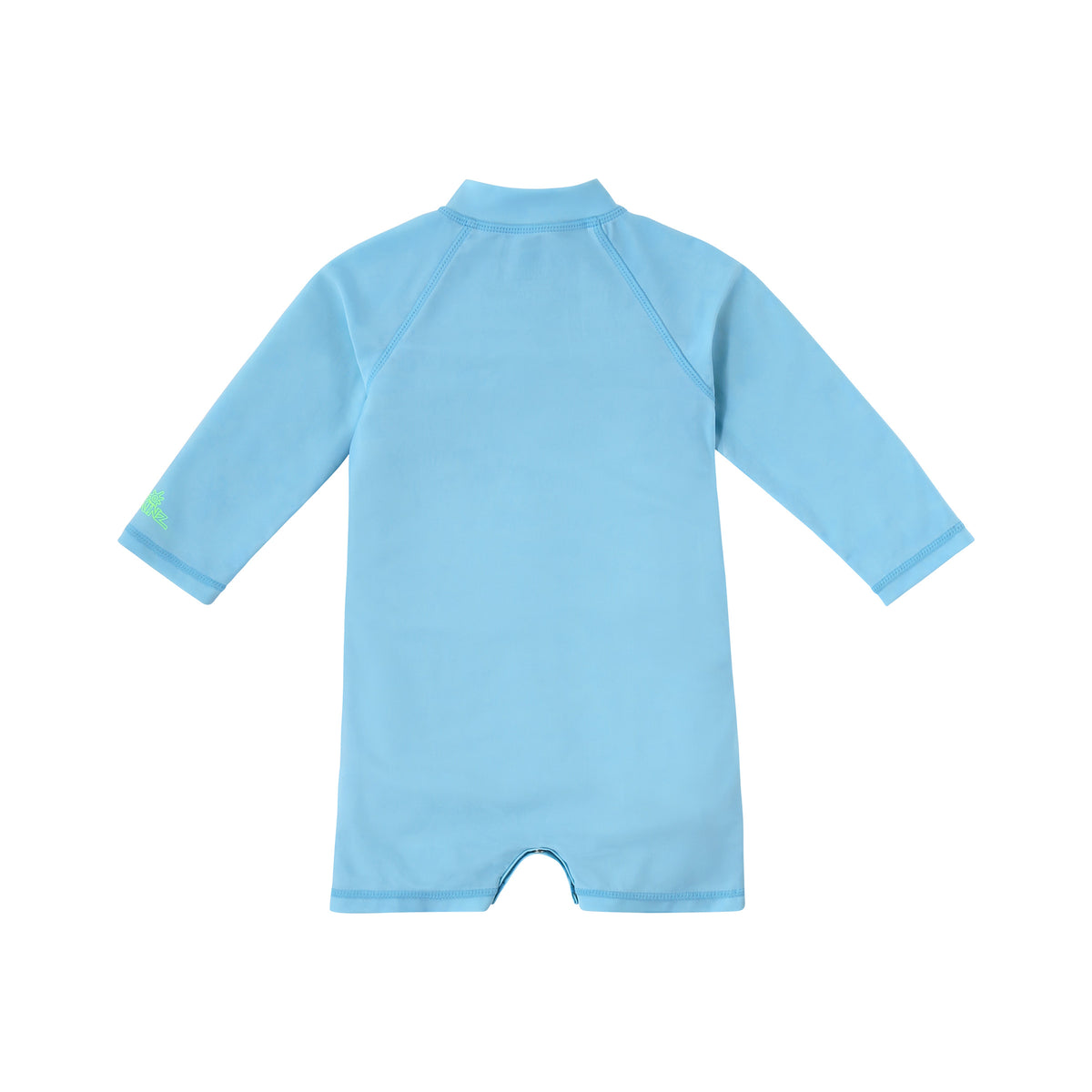 back view of baby neon magic print long sleeve swim romper in neon sea life|neon-sea-life