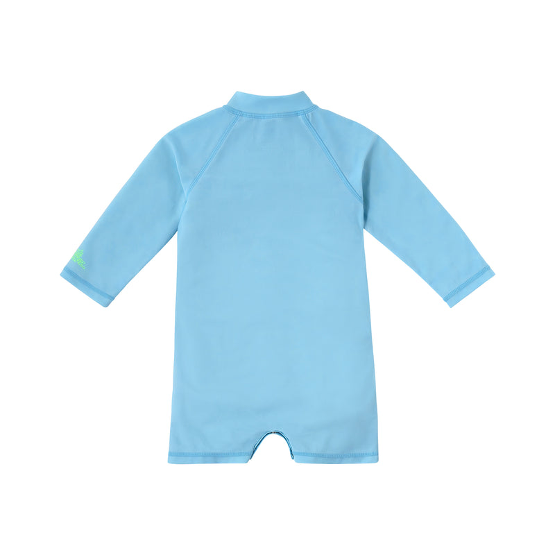 back view of baby neon magic print long sleeve swim romper in neon sea life|neon-sea-life