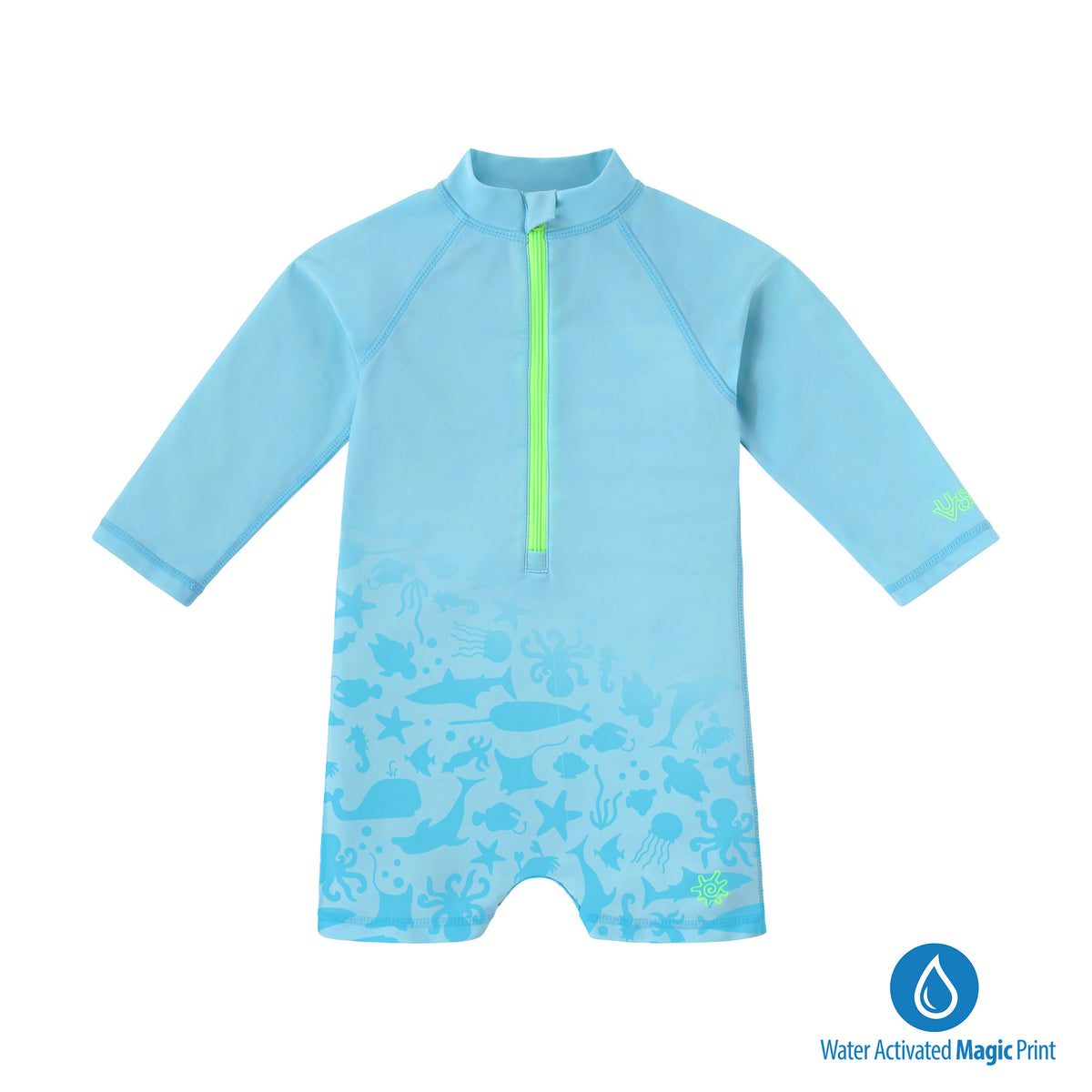 baby neon magic print long sleeve swim romper in neon sea life|neon-sea-life