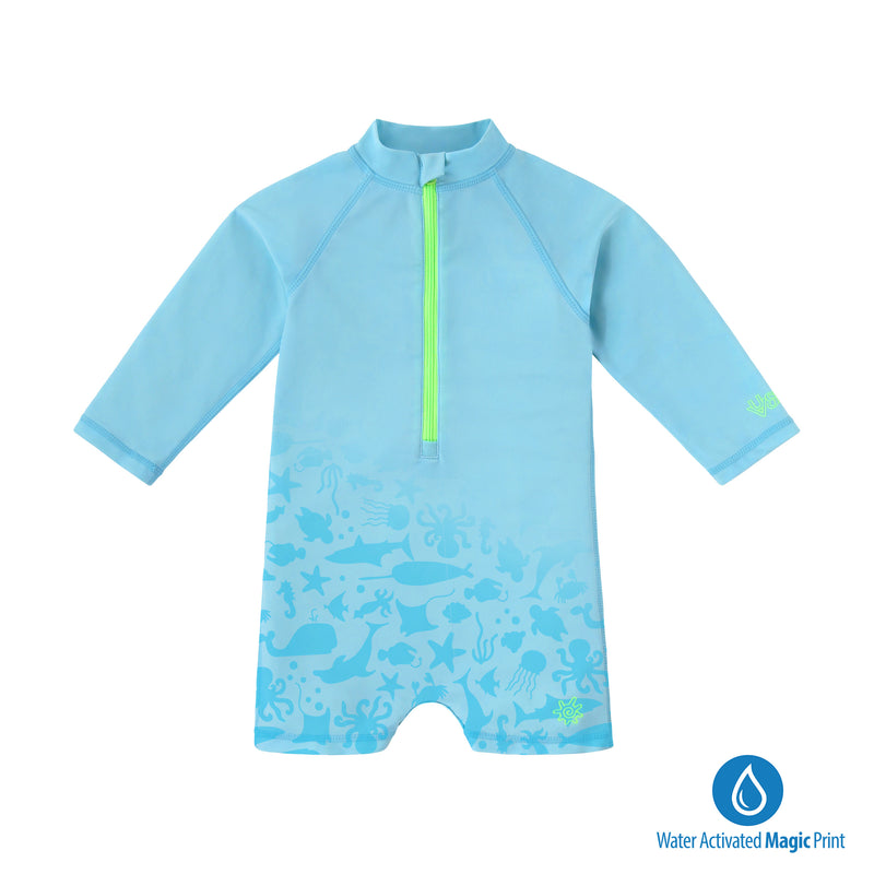 baby neon magic print long sleeve swim romper in neon sea life|neon-sea-life