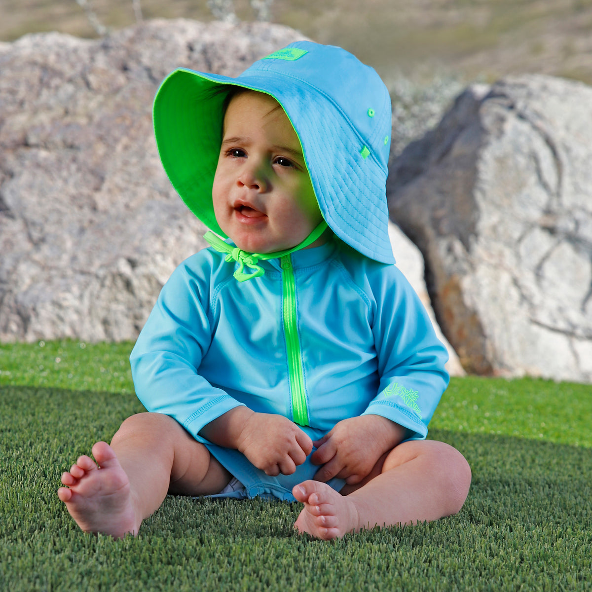 baby in neon magic long sleeve swim romper|neon-sea-life