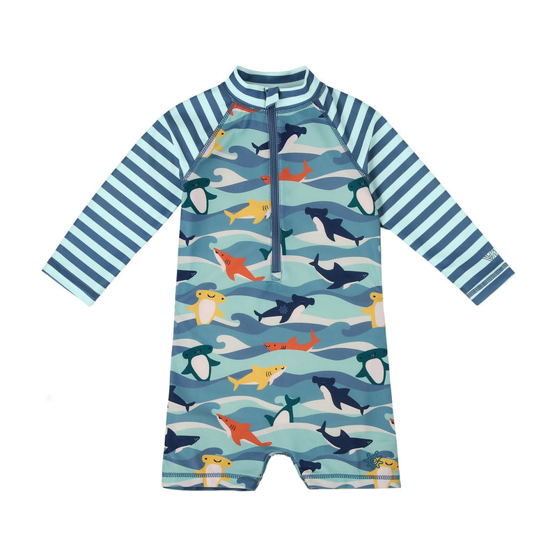 baby boy's long sleeve swim romper|waverider-sharks