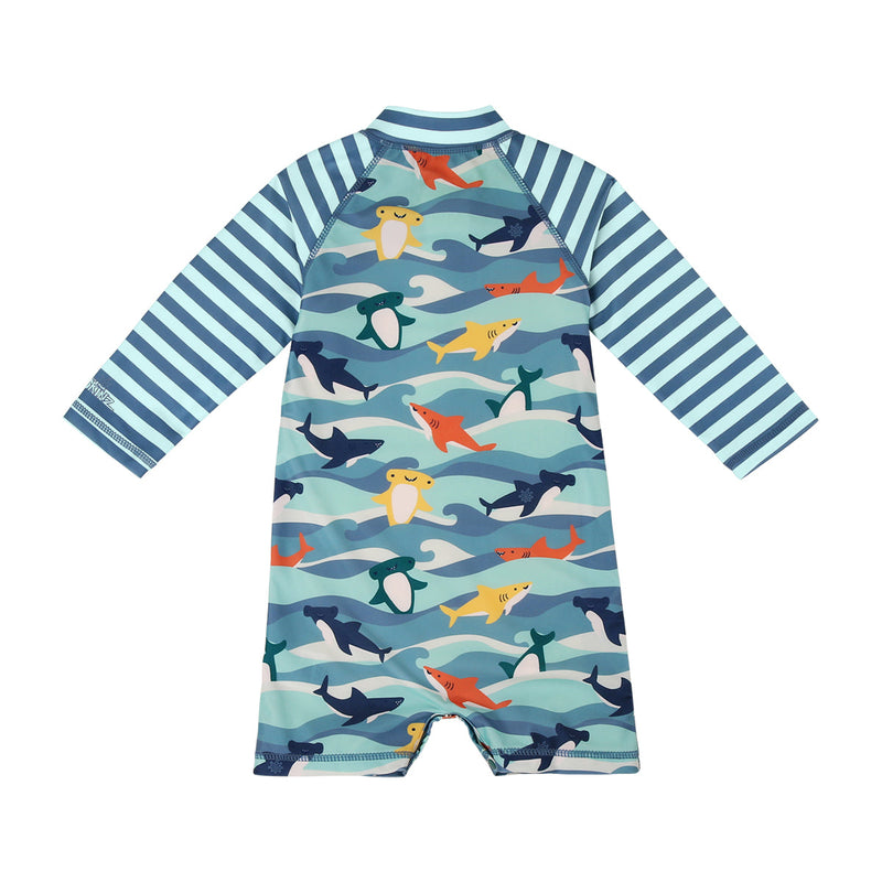 baby boy's long sleeve swim romper|waverider-sharks