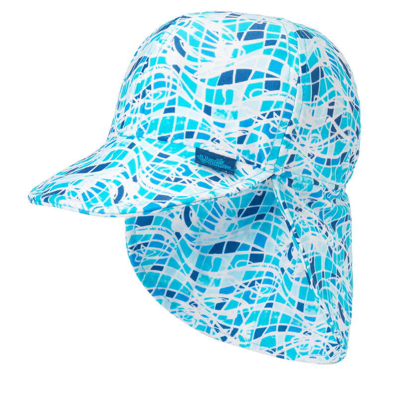 Close Up of the Baby Boy's Swim Flap Hat in Navy Blue Fish Mosaic|navy-blue-fish-mosaic