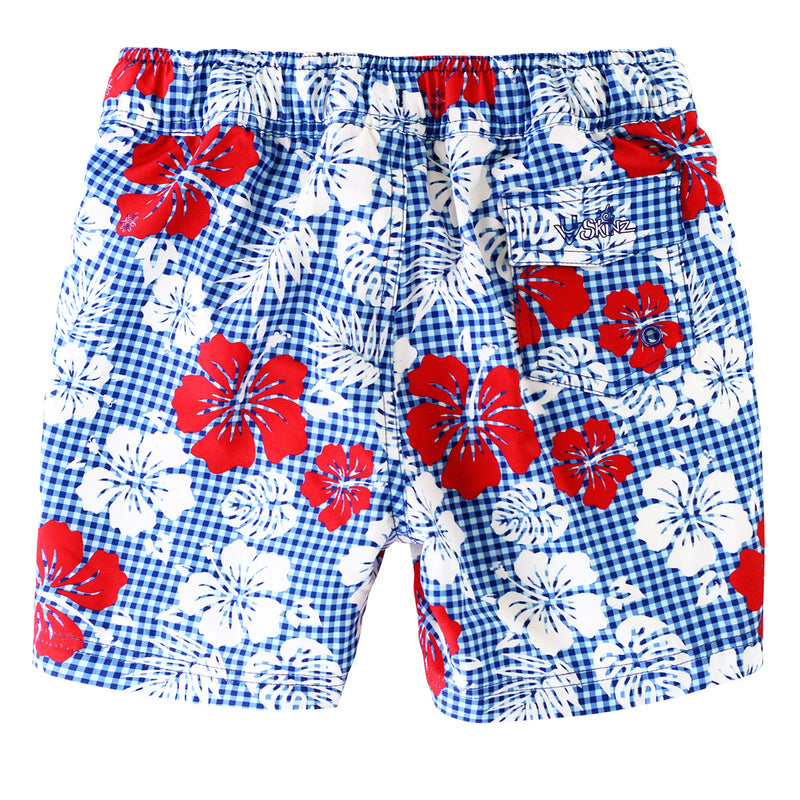 back view of the girl's board shorts in red americana gingham|red-americana-gingham