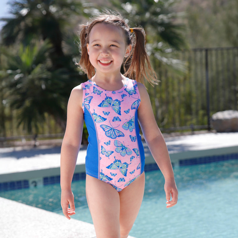 girl having fun by pool in girls 2 piece swimsuit shrug set|sunlit-wings