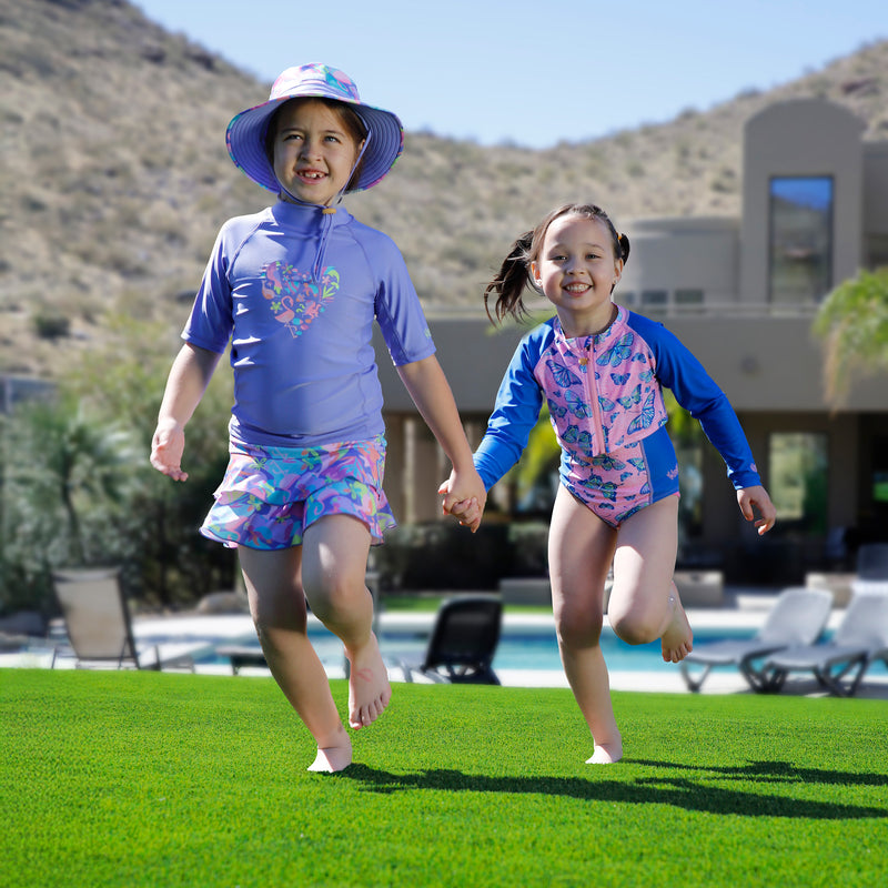 girl running with friend in girls 2 piece swimsuit shrug set|sunlit-wings