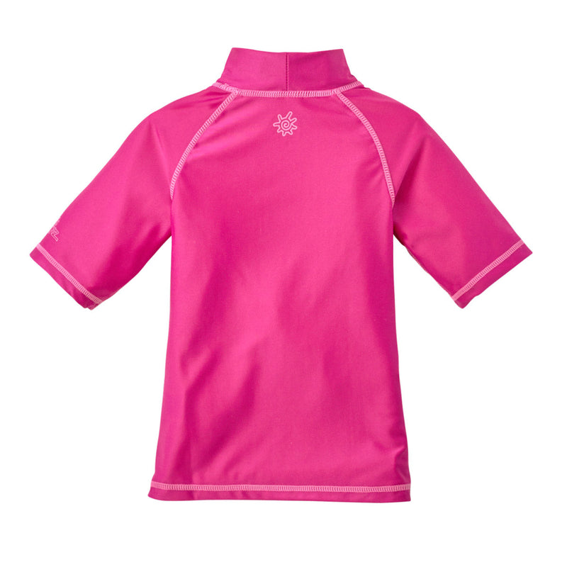 Back of the kid's short sleeve swim shirt in hot pink|hot-pink