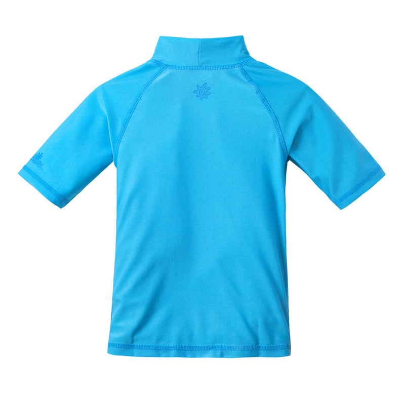 Back of the kid's short sleeve swim shirt in aqua|aqua