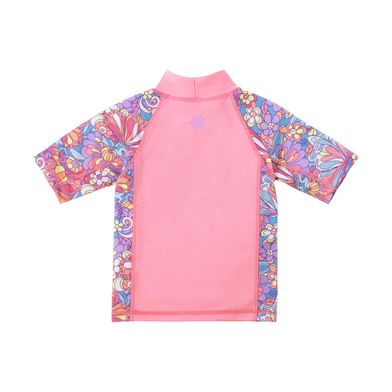 back view of girls short sleeve sunny swim shirt|mosaic-butterflies