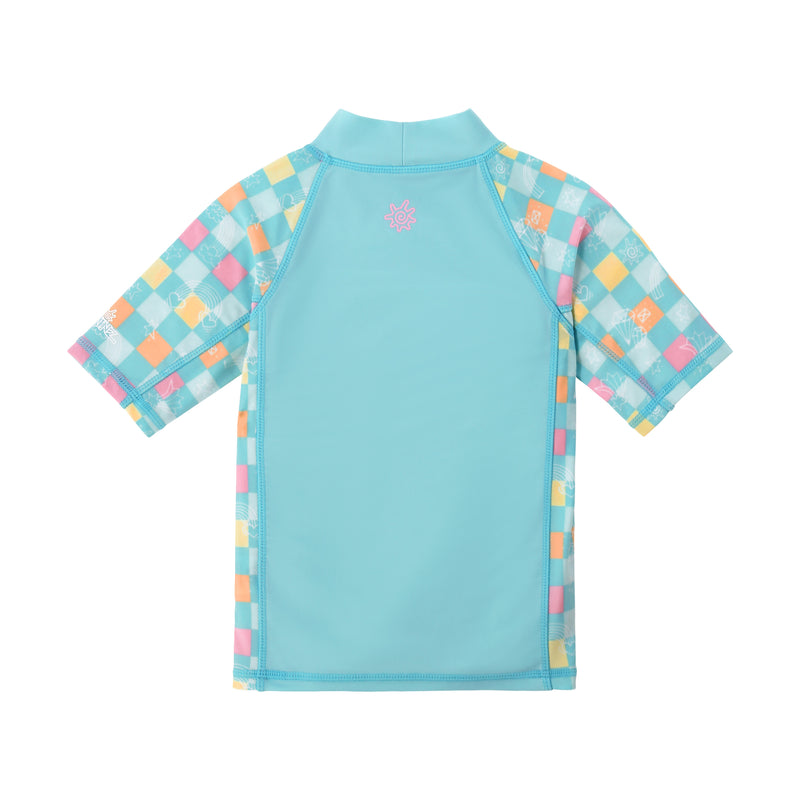 back view of girls short sleeve sunny swim shirt|treasure-checkers