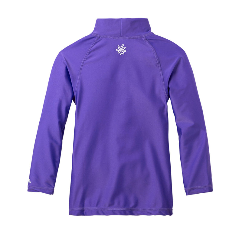 Back of the kid's long sleeve swim shirt in purple|purple