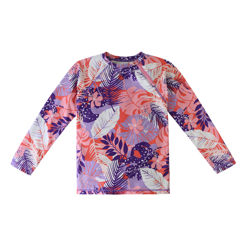 UV Skinz's girls long sleeve rash guard in lilac tropical|lilac-tropical