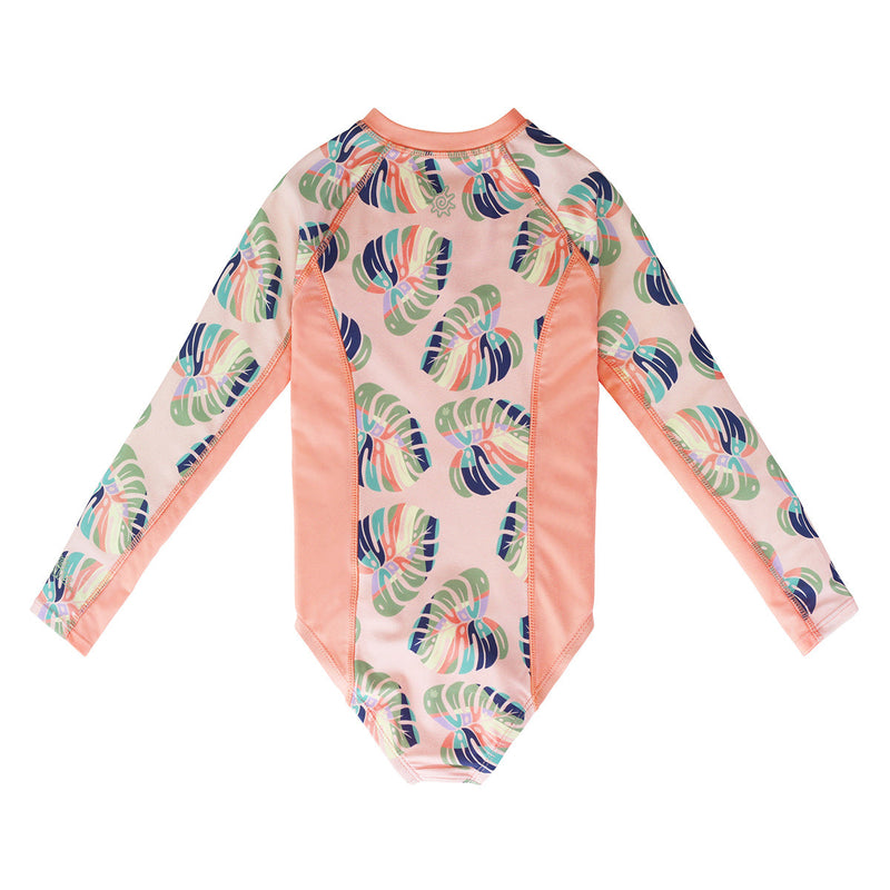 back of the girl's long sleeve swimsuit in rainbow lea|rainbow-leaf