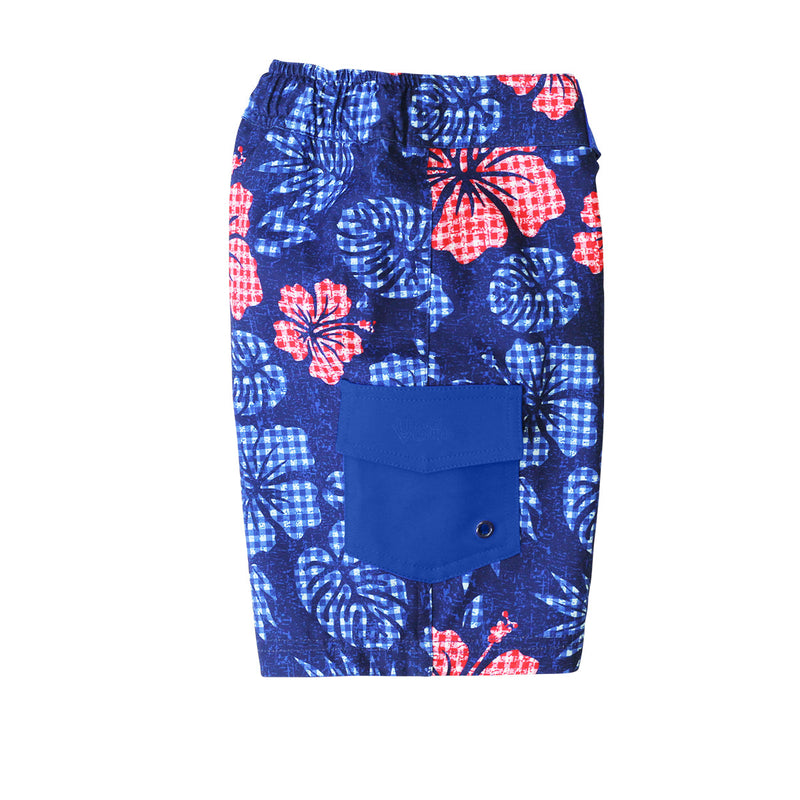 Side View of the Boy's Classic Board Shorts in Dark Navy Hibiscus|dark-navy-hibiscus