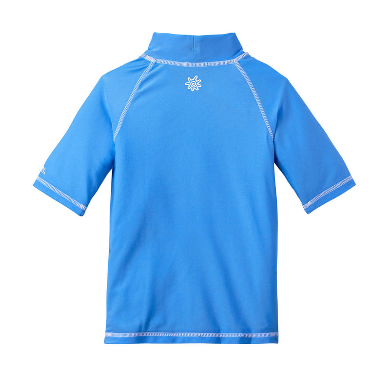 Back of the kid's short sleeve swim shirt in ocean blue|ocean-blue