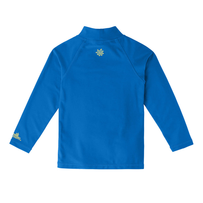 Back of the kid's neon long sleeve swim shirt in neon blue|neon-blue