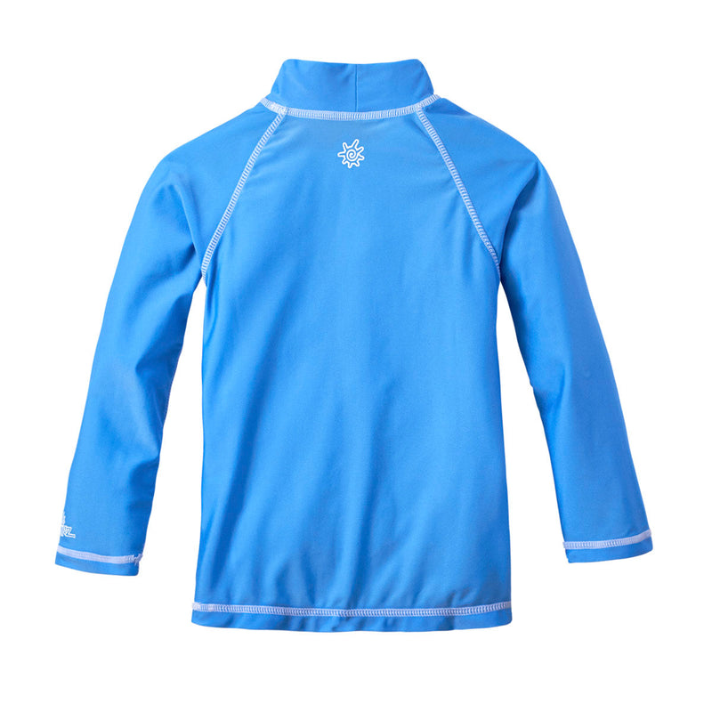 Back of the kid's long sleeve swim shirt in ocean blue|ocean-blue